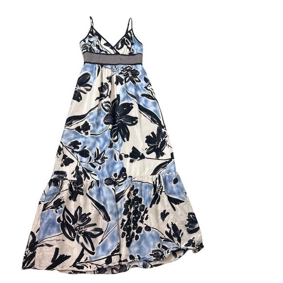 BCBGMAXAZRIA Silk Maxi Dress 6 White Blue Sleeveless Floral Abstract Ruffle Long - Picture 2 of 15